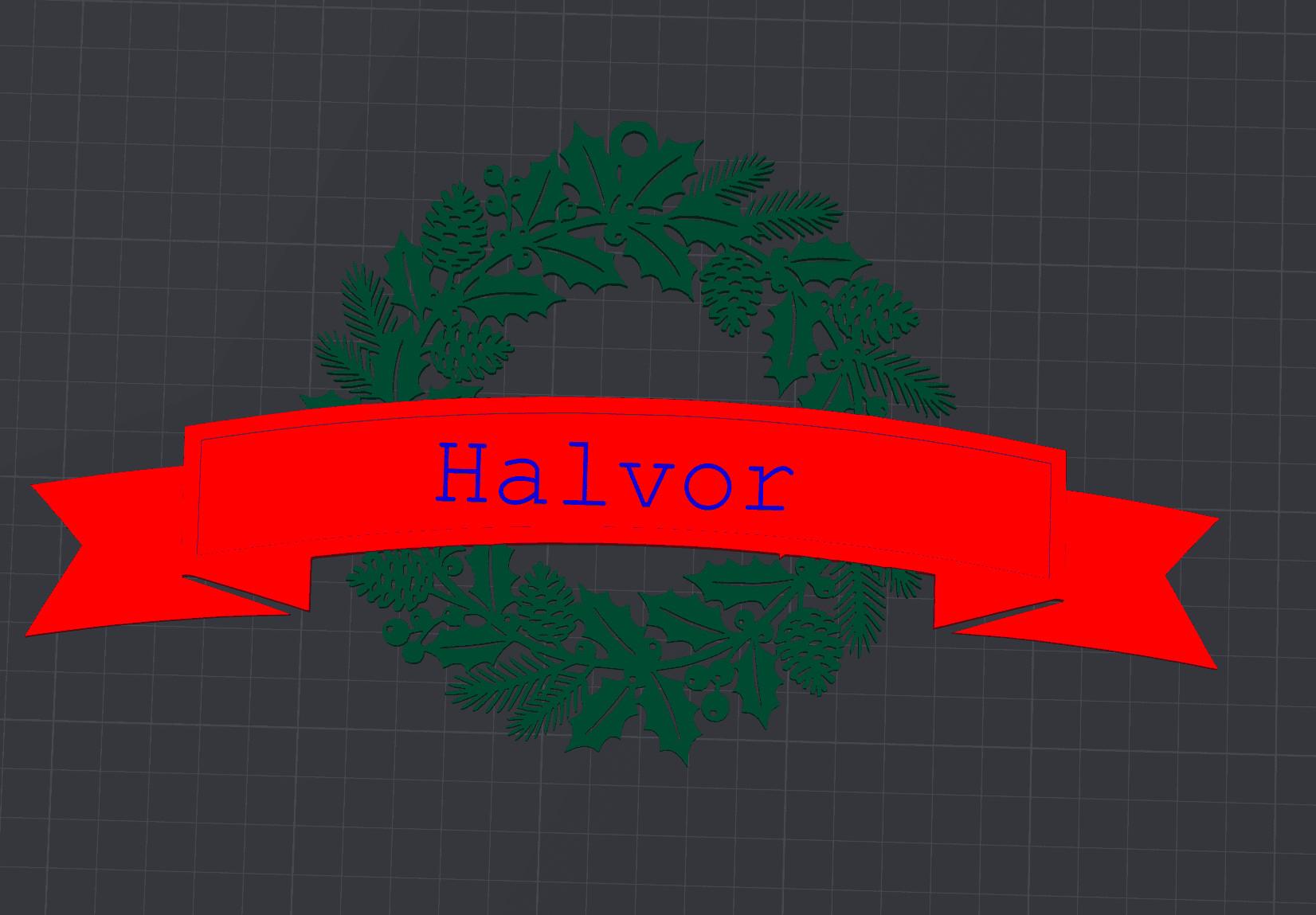Personlig 3D-printet navneskilt med julekrans, festlig bånd og personlig navn
